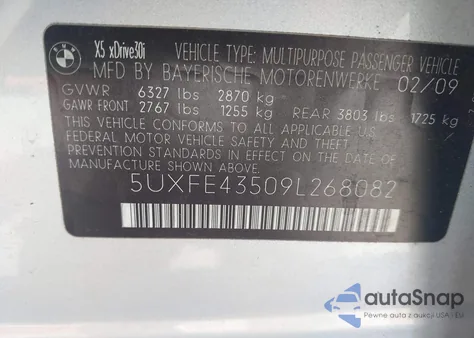 2009 BMW X5 xDrive30I из США, поврежденный, VIN 5UXFE43509L268082